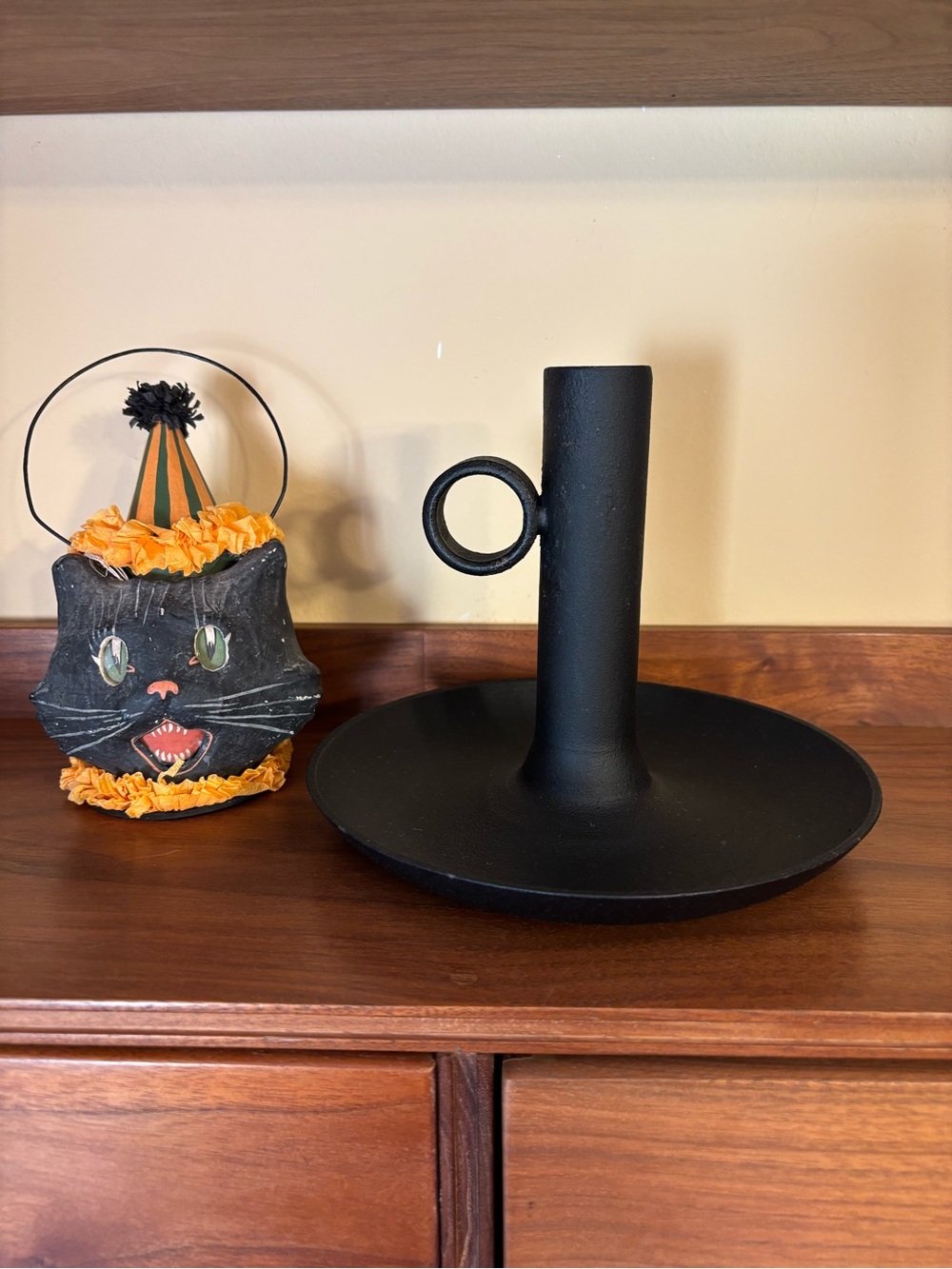 Vintage MCM Style Matte Black Metal Chamberstick Candle Holder